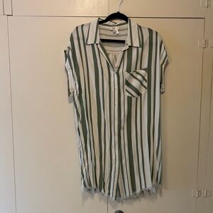 Striped Button-Up short dress with Frayed Hem